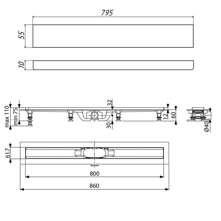 Душевой лоток Timo SP10 80 с решеткой PG10 80 хром матовый