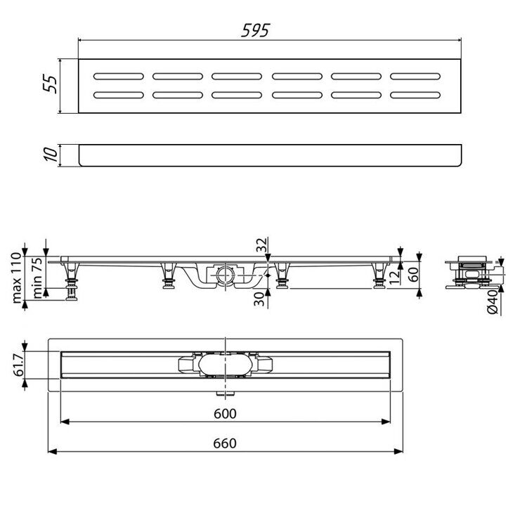 Душевой лоток Timo SP10 60 с решеткой DG10 60 хром матовый