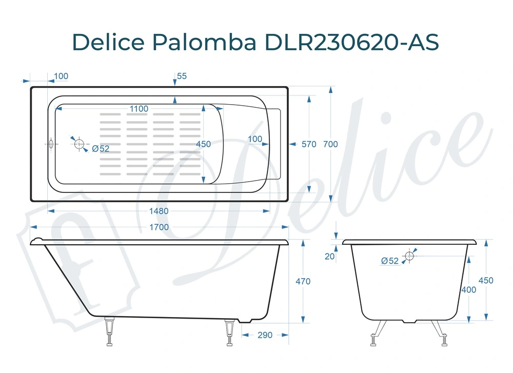 Ванна чугунная Delice Palomba 170х70 DLR230620-AS с антискользящим покрытием от магазина Vanna-Vanna.ru!