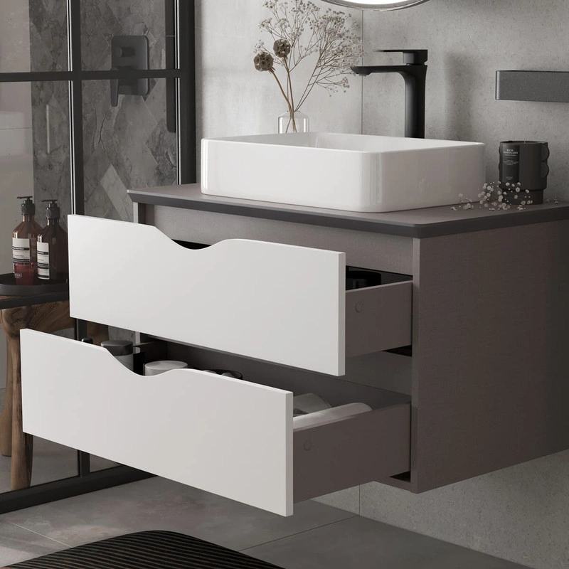 Тумба подвесная EQUIL Smile 80 столешница 80, раковина накладная Smile/Ferro, 2 ящика, белый/лен антрацит от магазина Vanna-Vanna.ru!