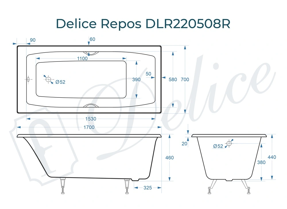 Ванна чугунная Delice Repos 170х70 DLR220508RB с черными матовыми ручками от магазина Vanna-Vanna.ru!