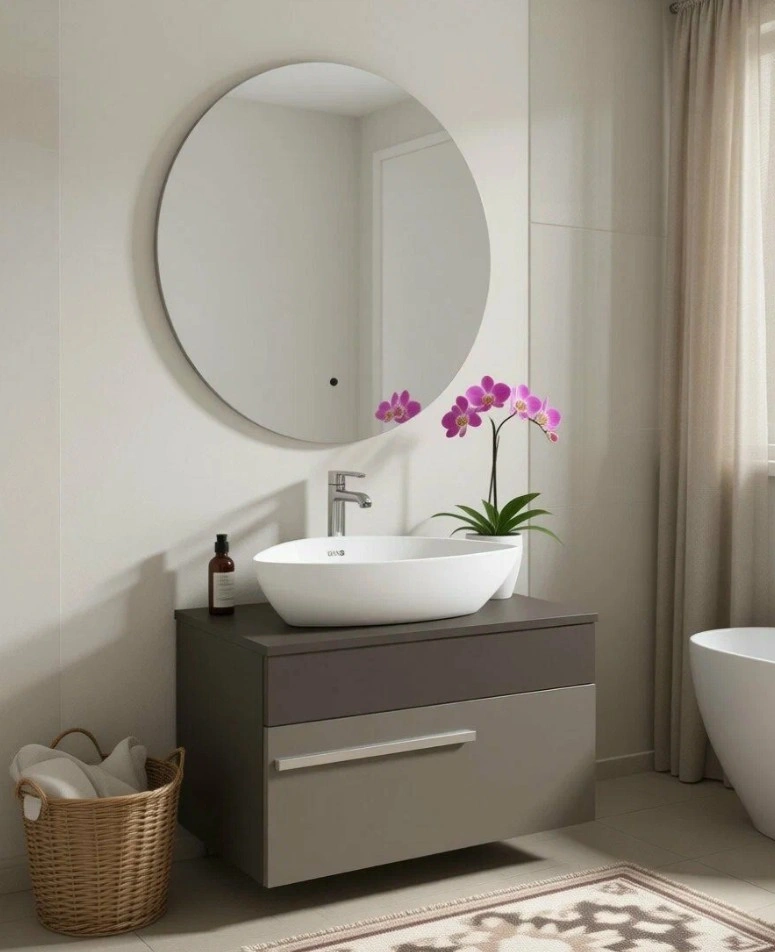 Тумба подвесная Runo Вудлайн 65 с раковиной Bella 41 квадратная, темно-серый/серый