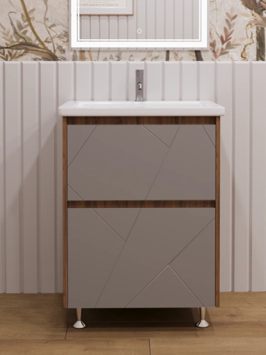 Тумба с раковиной Stella Polar Рене 60, напольная, 2 ящика, дуб вотан/серый от магазина Vanna-Vanna.ru!