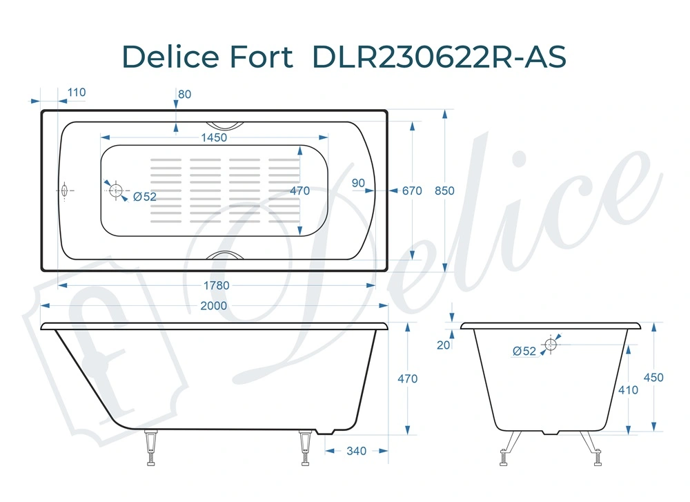 Ванна чугунная Delice Fort 200х85 DLR230622R-AS с отверстиями под ручки и антискользящим покрытием от магазина Vanna-Vanna.ru!