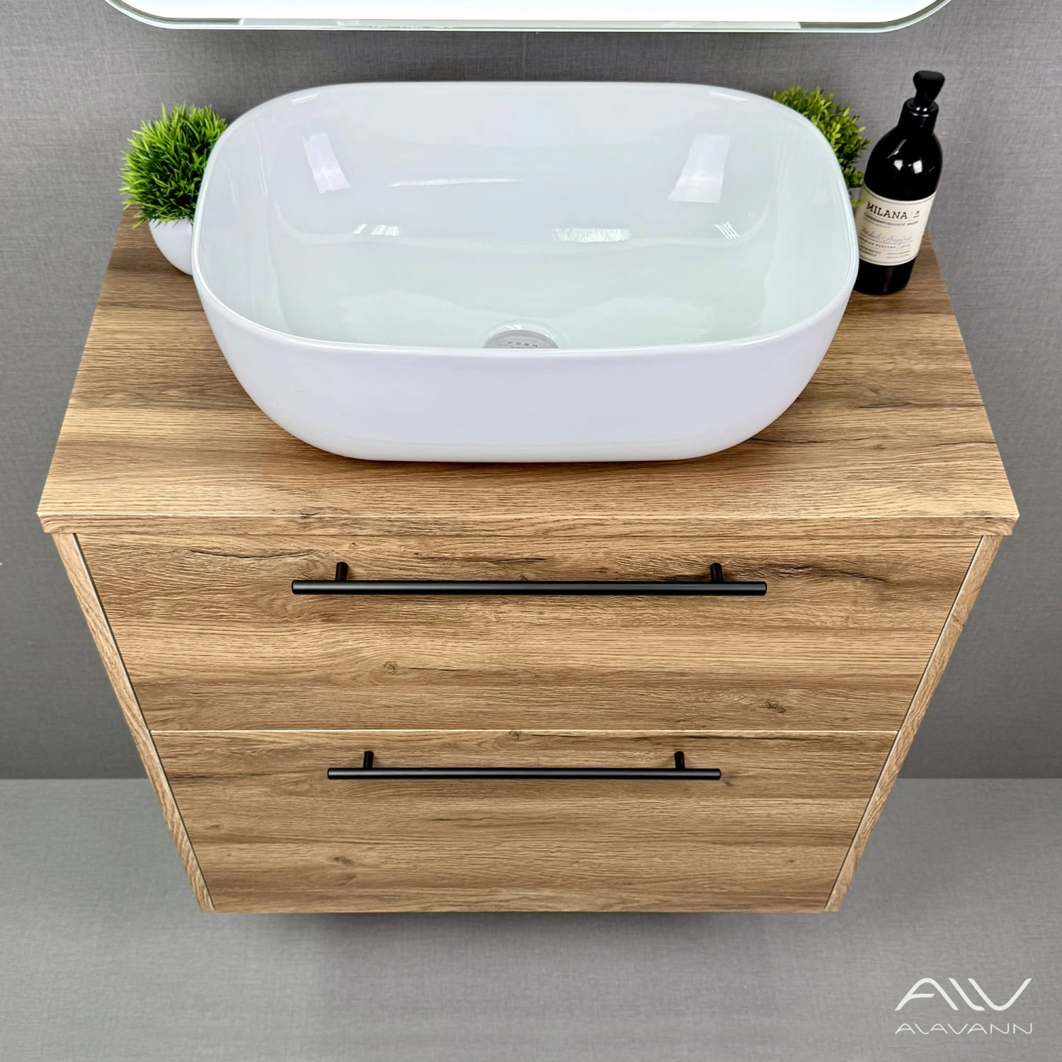 Тумба подвесная Alavann Rondo 80 с раковиной Moduo 50 SQUARE, дуб от магазина Vanna-Vanna.ru!