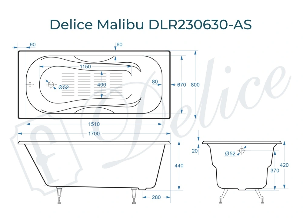 Ванна чугунная Delice Malibu 170х80 DLR230608-AS с антискользящим покрытием от магазина Vanna-Vanna.ru!