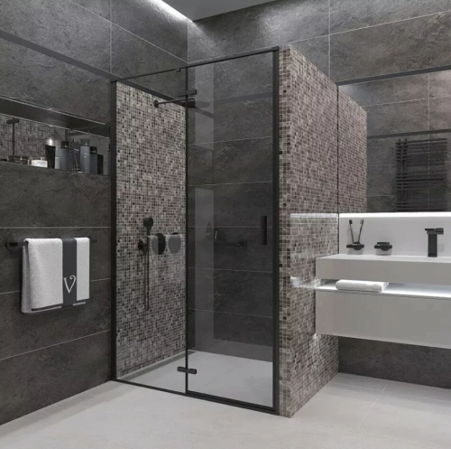 Душевая дверь Veconi VN73B-100 в нишу, распашная, прозрачное стекло, черный матовый от магазина Vanna-Vanna.ru!