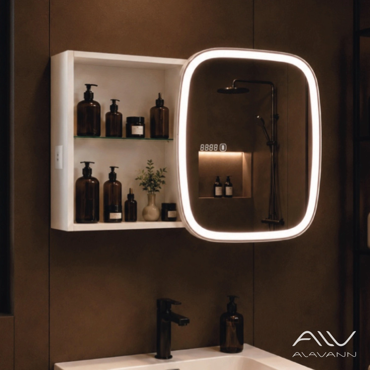 Зеркало-шкаф Alavann Rado Vizazh 60x60 с приближением, подсветкой, часами, антипаром, сенсорное, белый от магазина Vanna-Vanna.ru!