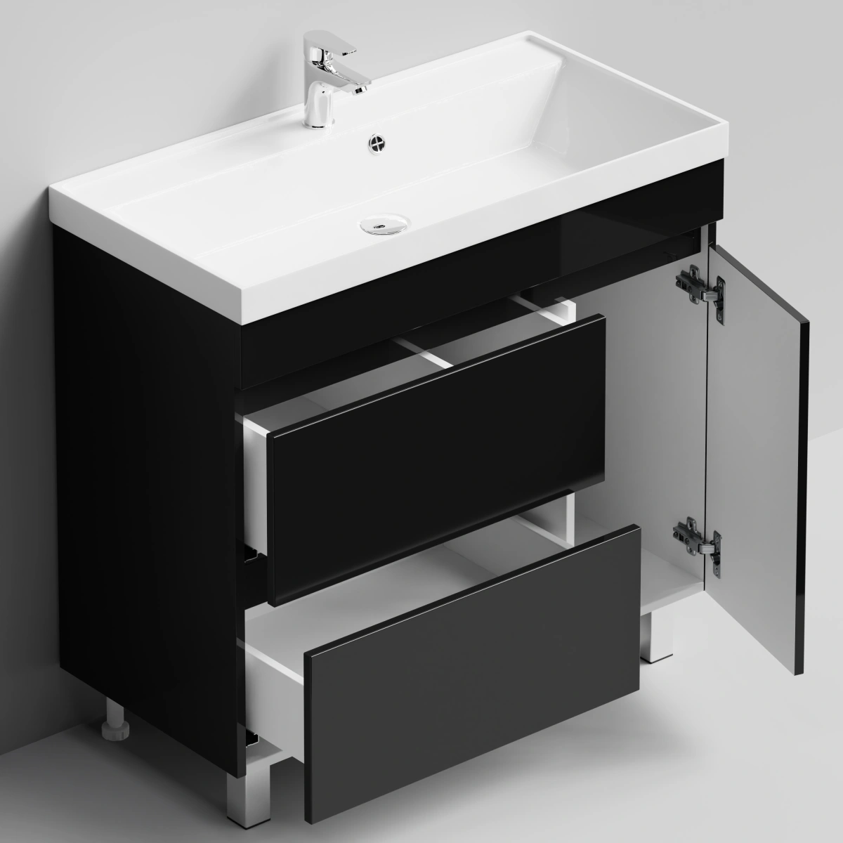 Тумба с раковиной Vod-ok Бест 90 правая дверь, напольная, черный глянец от магазина Vanna-Vanna.ru!