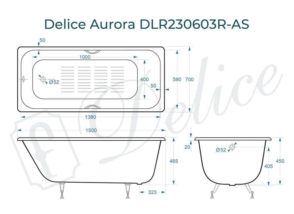 Ванна чугунная Delice Aurora 150х70 DLR230603R-AS с отверстиями под ручки и антискользящим покрытием от магазина Vanna-Vanna.ru!