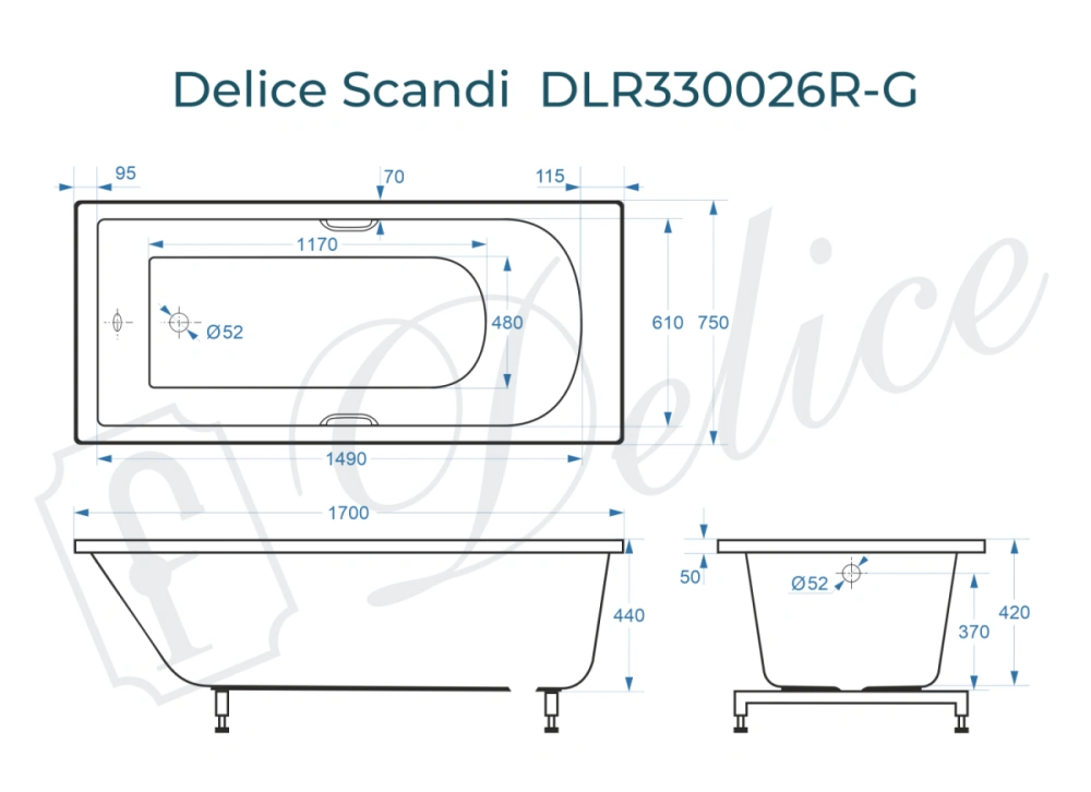 Ванна из литьевого мрамора Delice Scandi 170х75 глянцевая с ручками Хром DLR330026R-G от магазина Vanna-Vanna.ru!