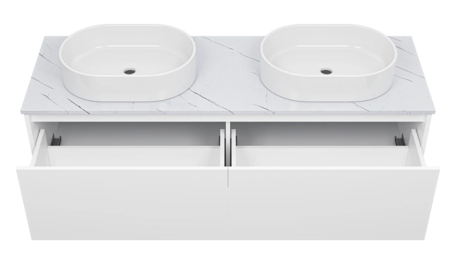 Тумба подвесная Misty Виста 150 с 2 раковинами и столешницей светлый мрамор, белый от магазина Vanna-Vanna.ru!