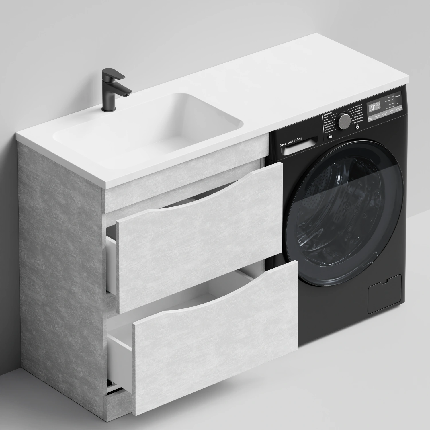 Тумба Vod-ok 68 с раковиной Смайл 130 напольная, под стиральную машину, левая, Белый камень