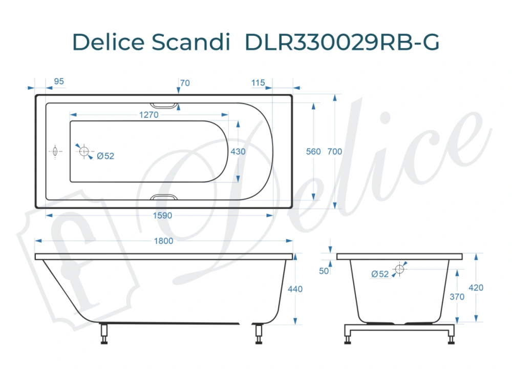 Ванна из литьевого мрамора Delice Scandi 180х70 глянцевая с черными ручками DLR330029RB-G от магазина Vanna-Vanna.ru!