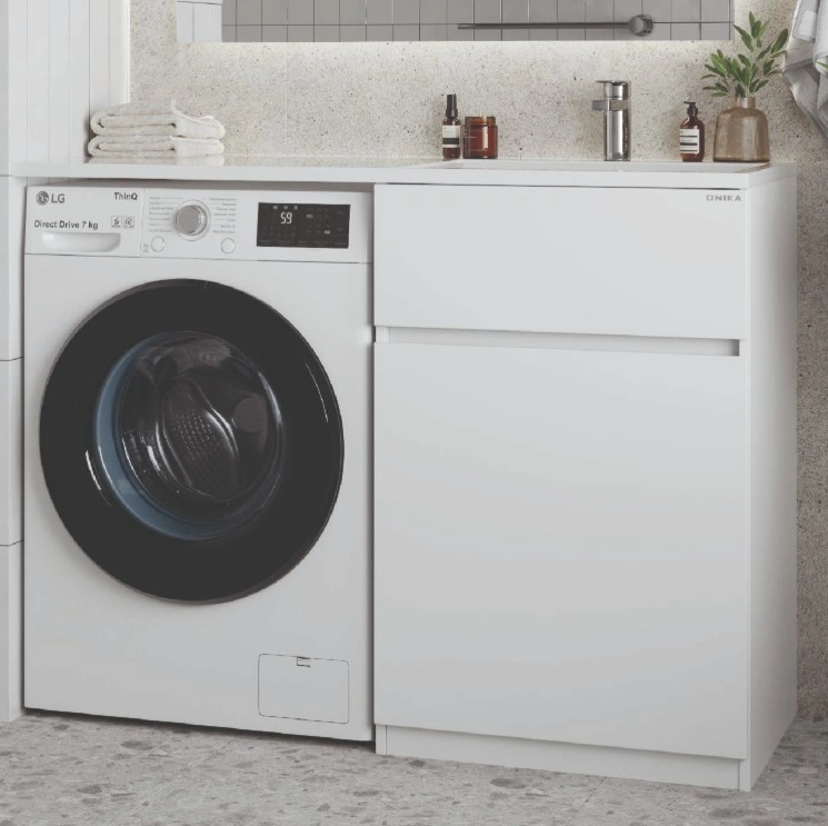 Тумба напольная Onika Сорго 58 с раковиной Марсал 120 R, под стиральную машину, белая от магазина Vanna-Vanna.ru!