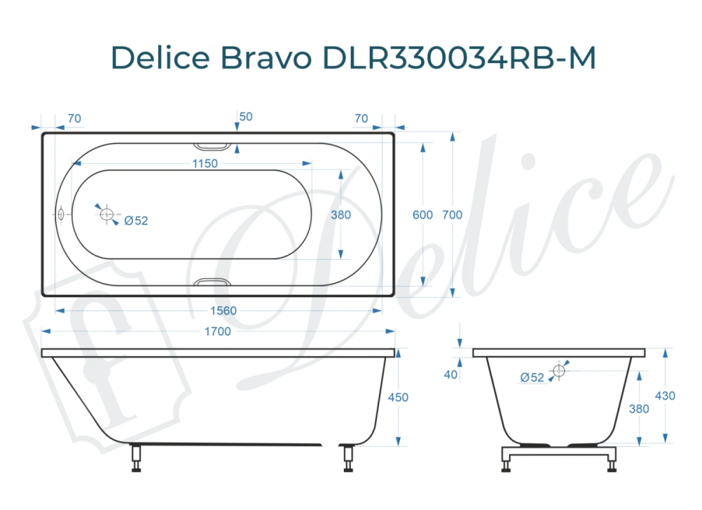 Ванна из литьевого мрамора Delice Bravo 170х70 матовая с черными ручками DLR330034RB-M от магазина Vanna-Vanna.ru!