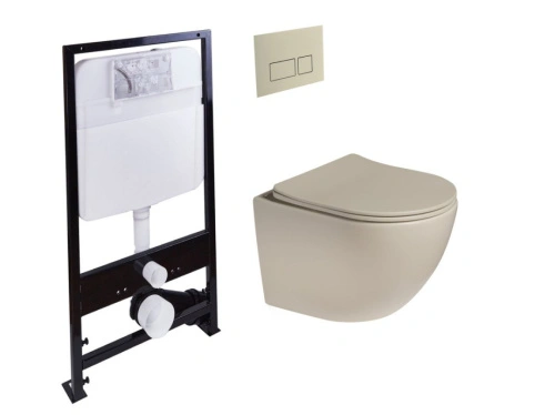 Унитаз подвесной SantiLine SL-5005T-BG+SL-01/BG с инсталляцией и кнопкой, светло-бежевый матовый от магазина Vanna-Vanna.ru!