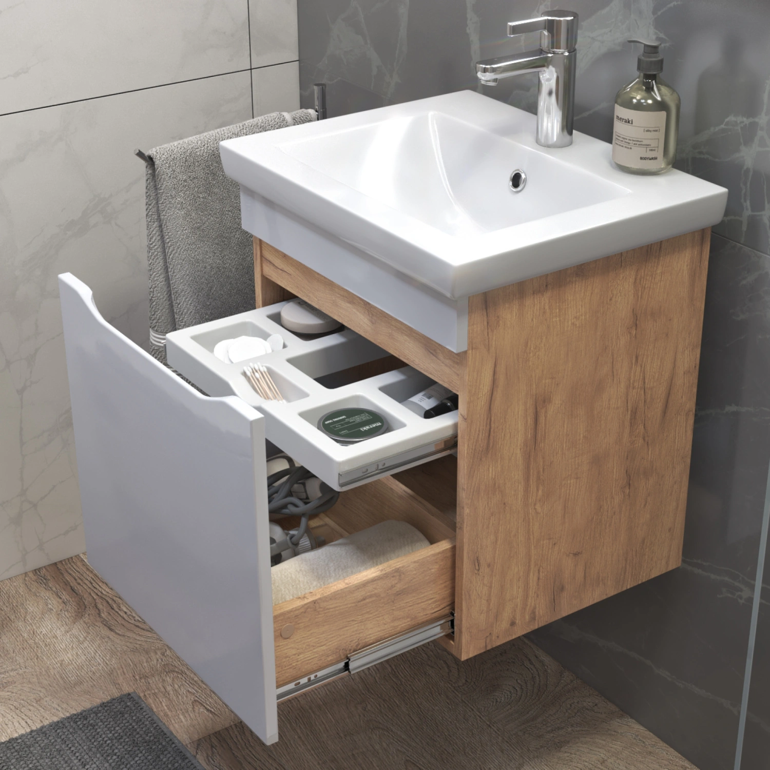 Тумба подвесная Vigo Grani 500-0-1 с раковиной Фостер 50, 1 ящик, дуб золотой