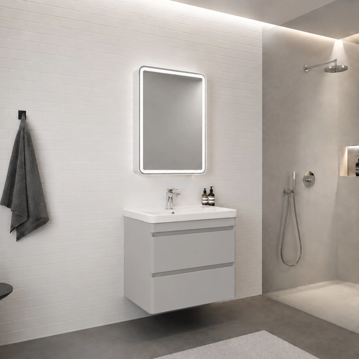 Тумба подвесная Comforty Енисей-70П2 серый шелк c раковиной 4470 от магазина Vanna-Vanna.ru!