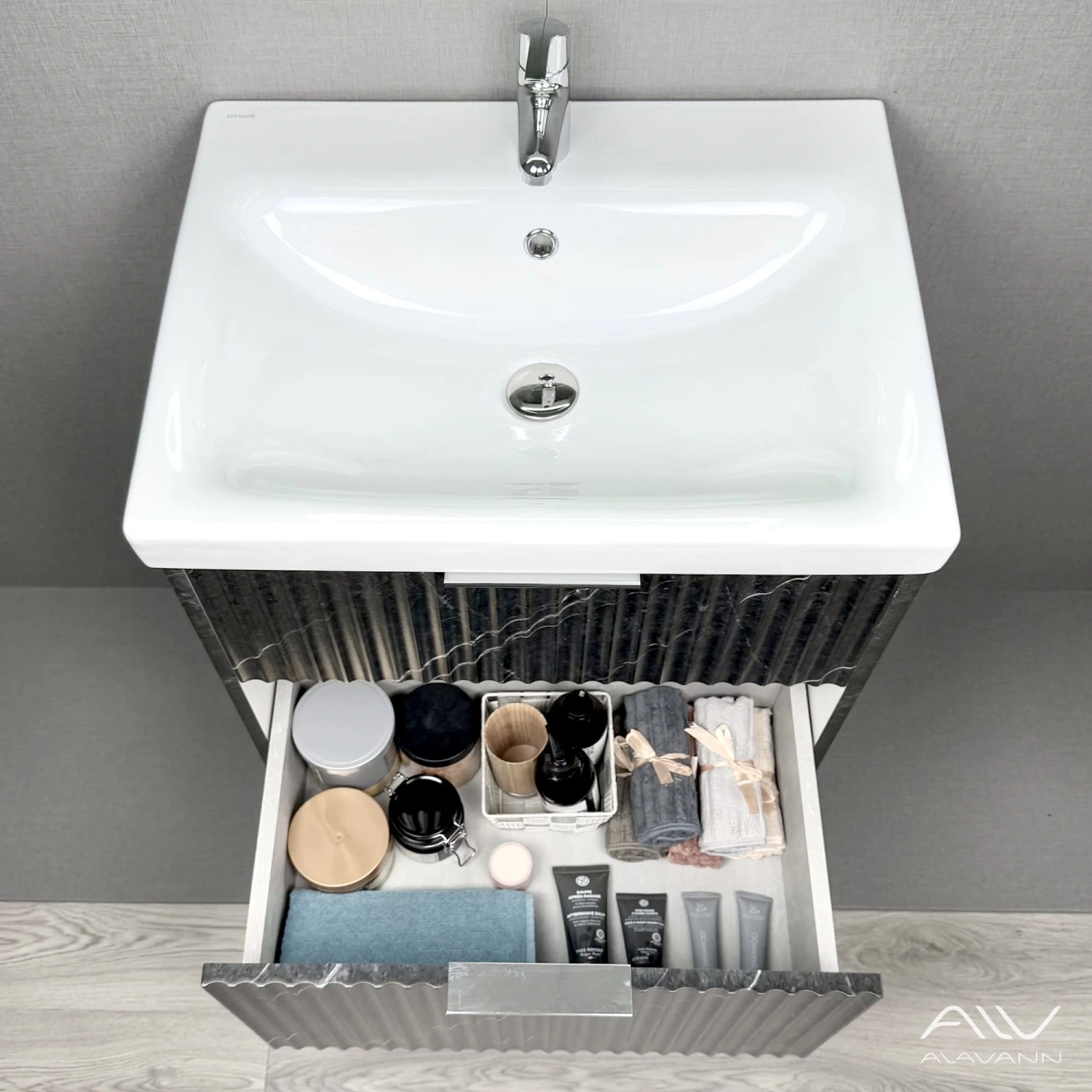 Тумба подвесная Alavann Anna 60 с раковиной Moduo 60, черный мрамор от магазина Vanna-Vanna.ru!
