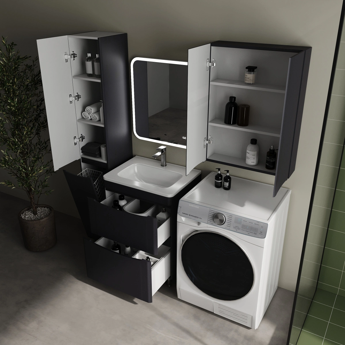 Тумба напольная Style Line Бергамо мини 60 (2 ящ.) антискрейтч графит матовый с раковиной Каре Люкс МИНИ 600х350 от магазина Vanna-Vanna.ru!