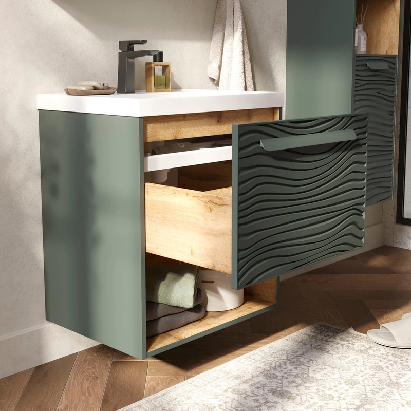 Тумба с раковиной EQUIL Gleam 60 подвесная, один ящик, зеленый камень/дуб вотан