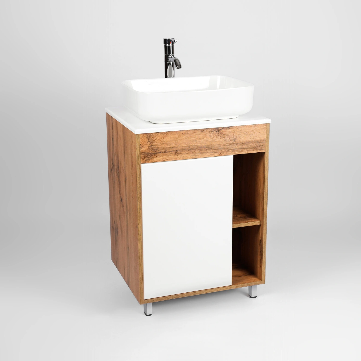 Тумба напольная Viant Бостон 56 с раковиной Moduo 50, 1 дверь, белый/дуб вотан от магазина Vanna-Vanna.ru!