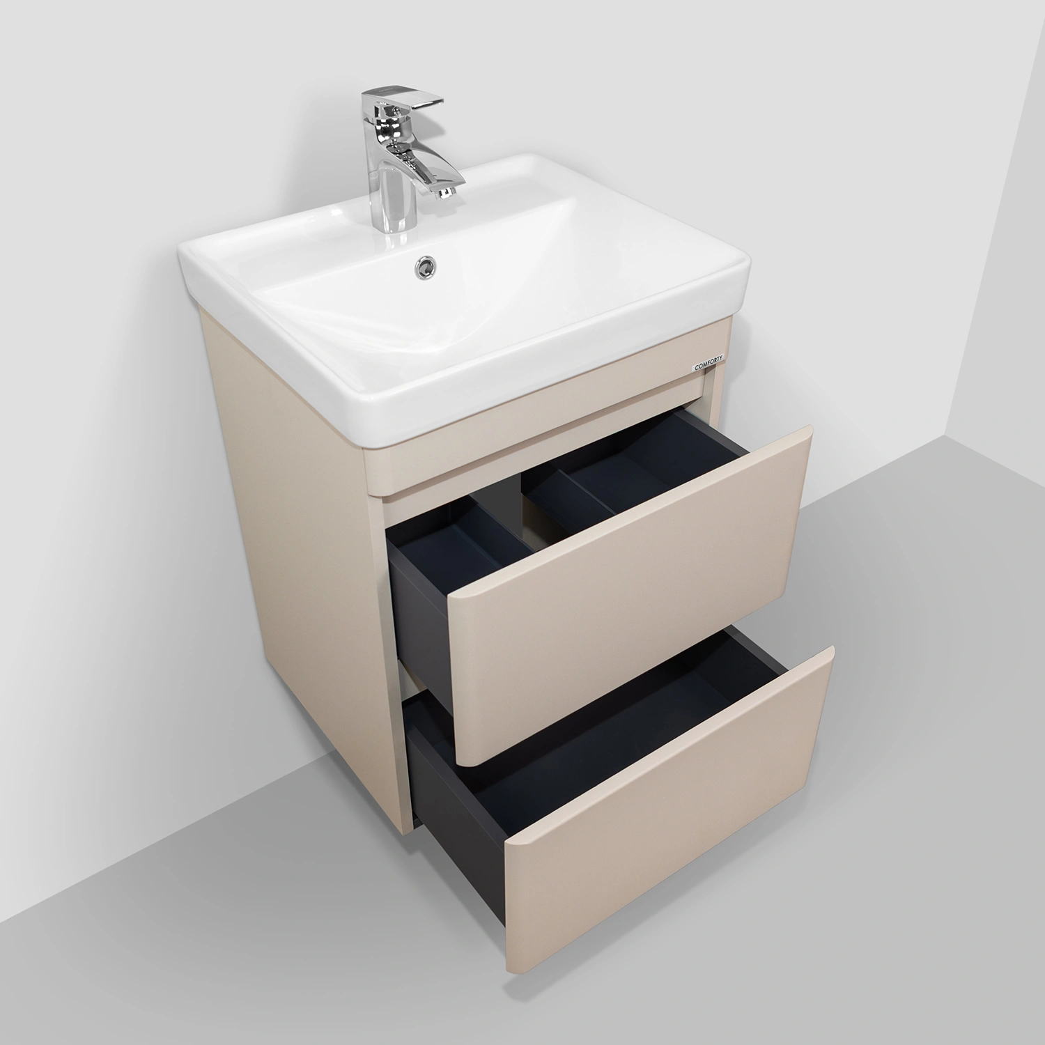 Тумба подвесная Comforty Енисей-50П2 серый шёлк с раковиной Comforty 4450 от магазина Vanna-Vanna.ru!