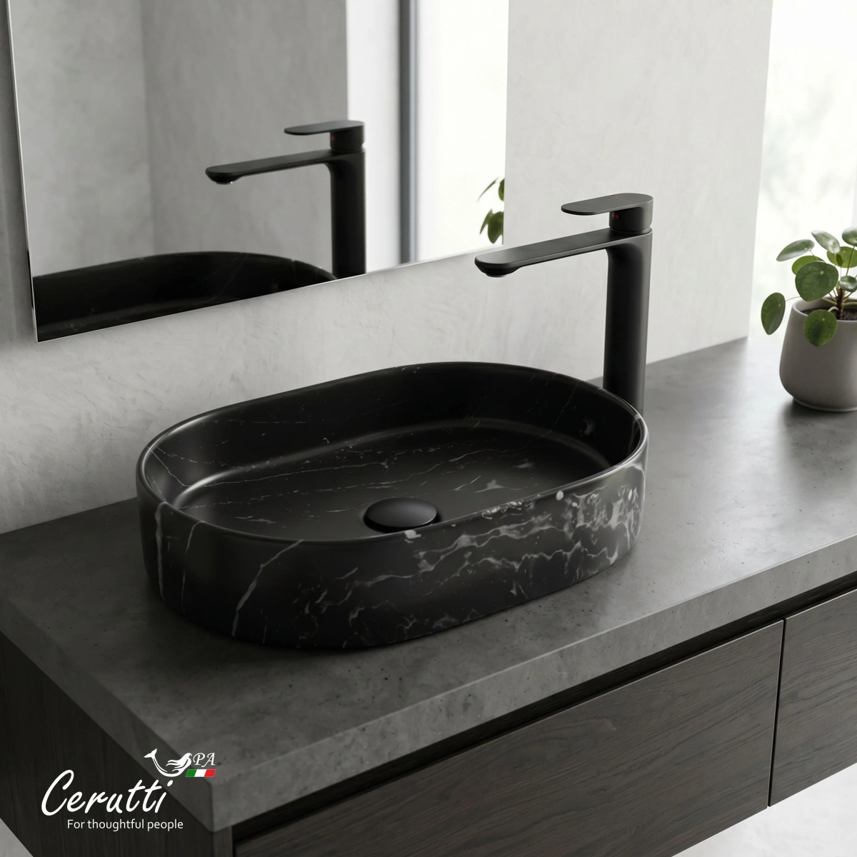 Раковина Ceruttispa CR0055B MMB2 накладная, мрамор матовый черный, овальная 500х350х120 от магазина Vanna-Vanna.ru!
