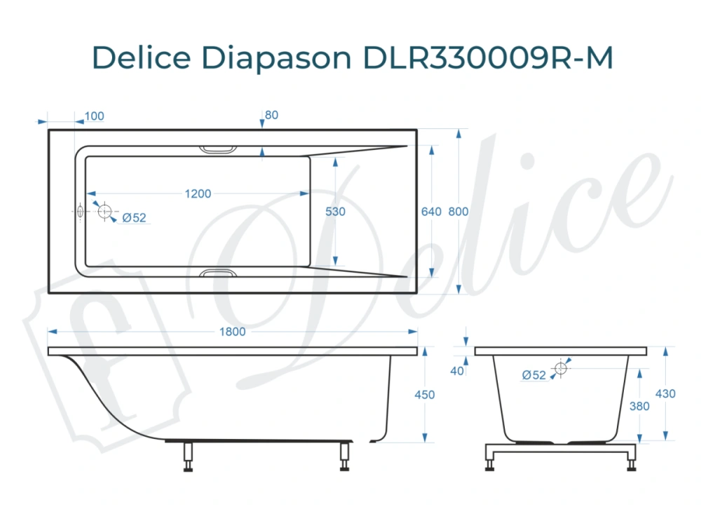 Ванна из литьевого мрамора Delice Diapason 180х80 матовая с ручками Хром DLR330009R-M от магазина Vanna-Vanna.ru!