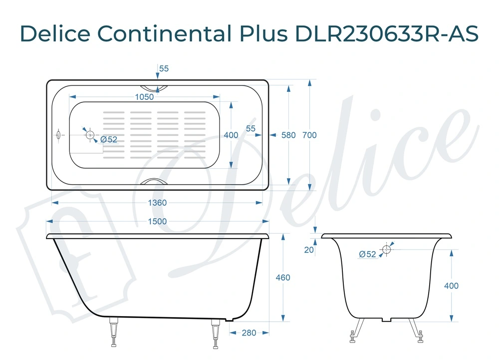 Ванна чугунная Delice Continental PLUS 150х70 DLR230633R-AS с отверстиями под ручки и антискользящим покрытием от магазина Vanna-Vanna.ru!
