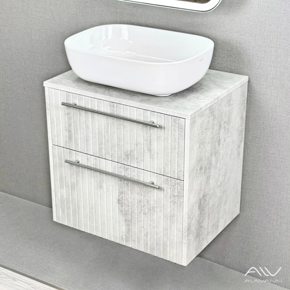 Тумба подвесная Alavann Emma 60 с раковиной Moduo 50 SQUARE, серый бетон от магазина Vanna-Vanna.ru!