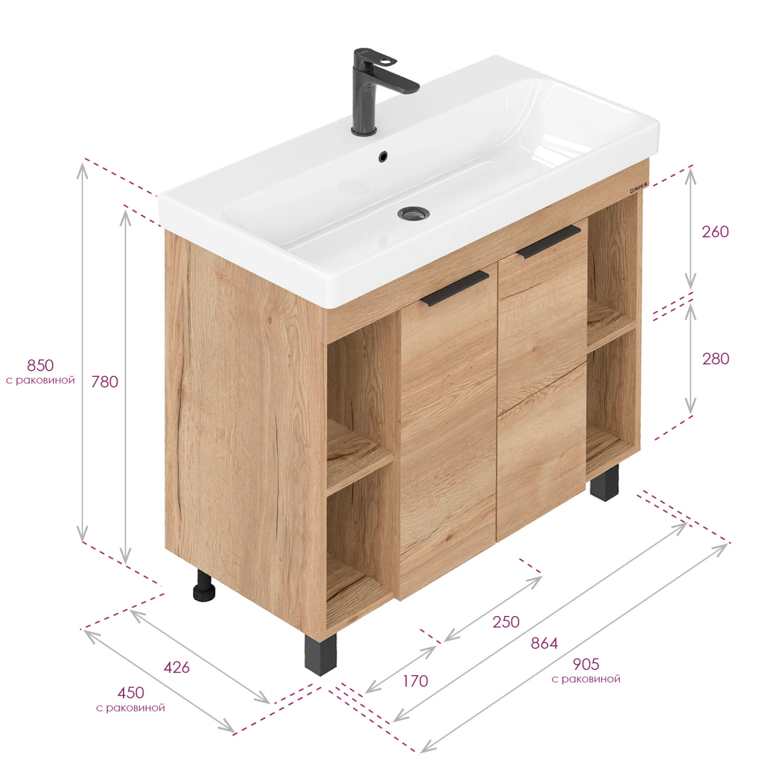 Тумба с раковиной Onika Легран 90 напольная, дуб галифакс от магазина Vanna-Vanna.ru!