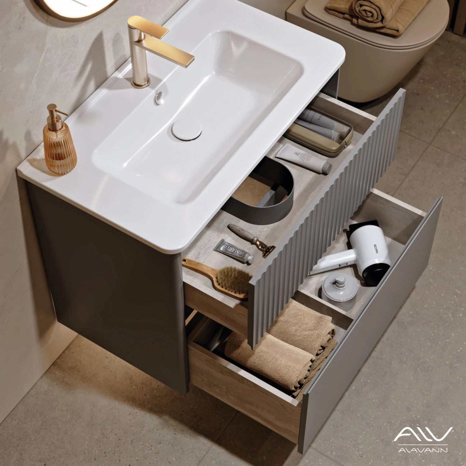 Тумба подвесная Alavann Wave 80 с раковиной Nikson 80, голубой деним от магазина Vanna-Vanna.ru!