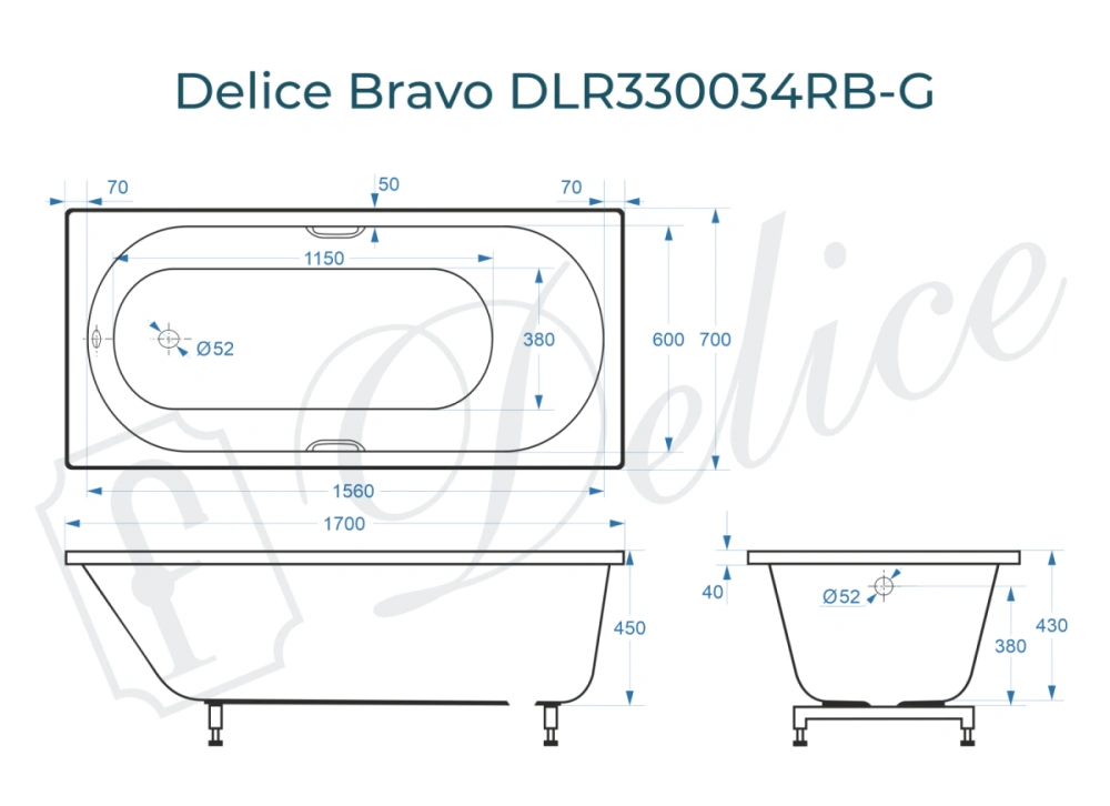 Ванна из литьевого мрамора Delice Bravo 170х70 глянцевая с черными ручками DLR330034RB-G от магазина Vanna-Vanna.ru!