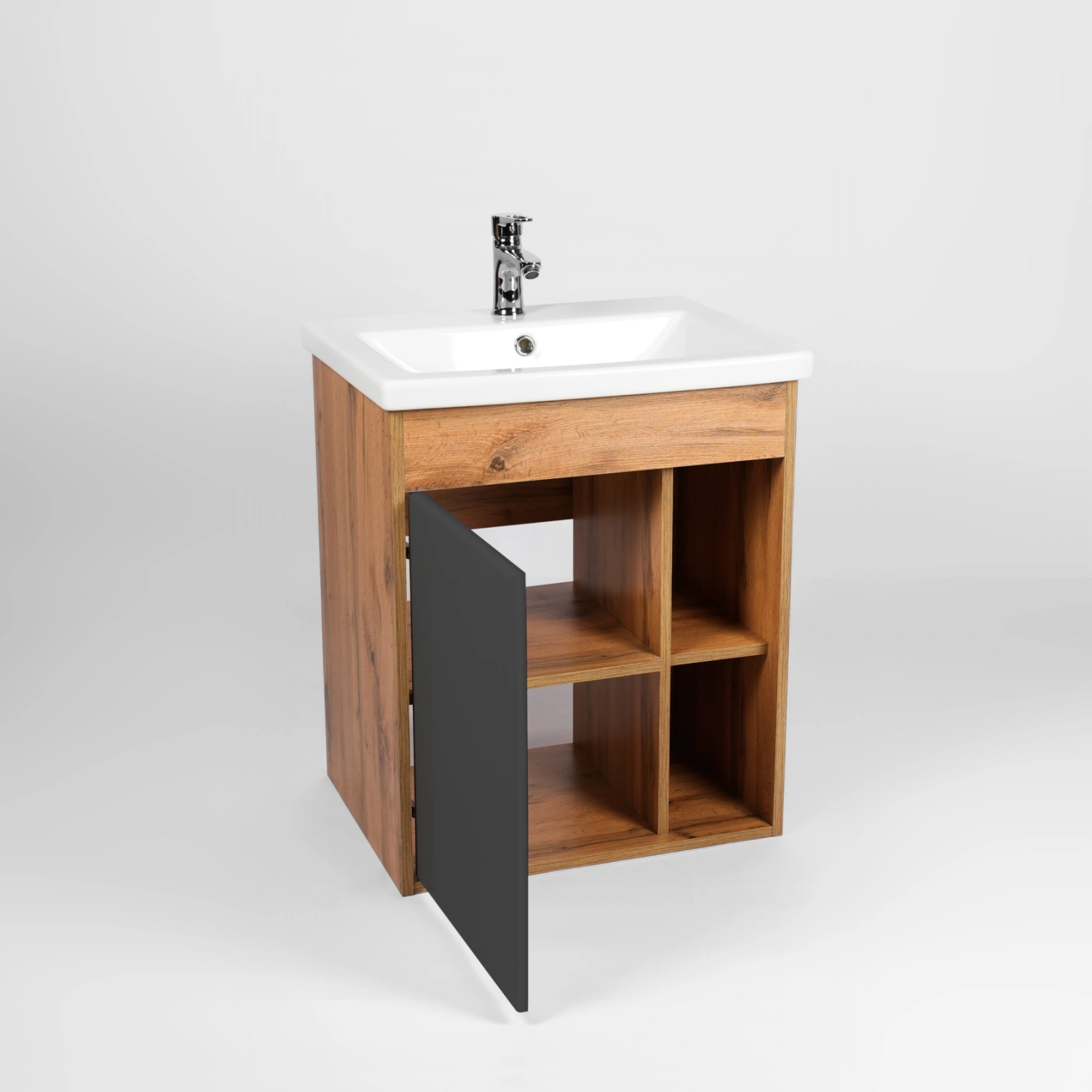 Тумба подвесная Viant Бостон 60 с раковиной Como 60, 1 дверь, графит/дуб вотан от магазина Vanna-Vanna.ru!