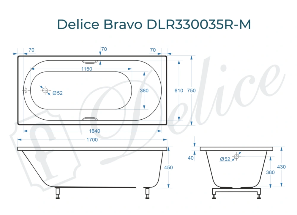Ванна из литьевого мрамора Delice Bravo 170х75 матовая с ручками Хром DLR330035R-M от магазина Vanna-Vanna.ru!
