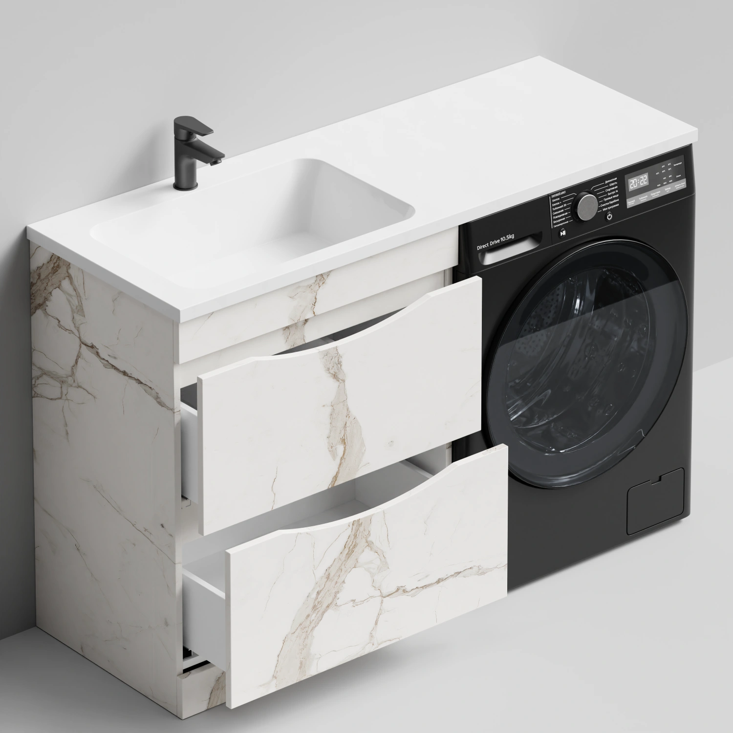 Тумба Vod-ok 68 с раковиной Смайл 130 напольная, под стиральную машину, левая, Мрамор Белый натур милк от магазина Vanna-Vanna.ru!
