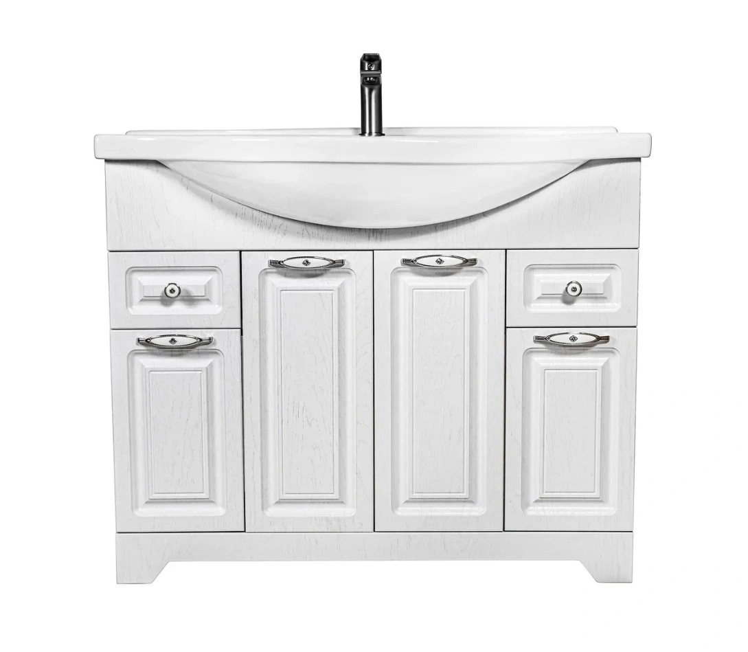 Тумба напольная Stella Polar Кармела 100 с раковиной Эльбрус 100, 2 ящ, 4 двери, Люкс белое серебро от магазина Vanna-Vanna.ru!