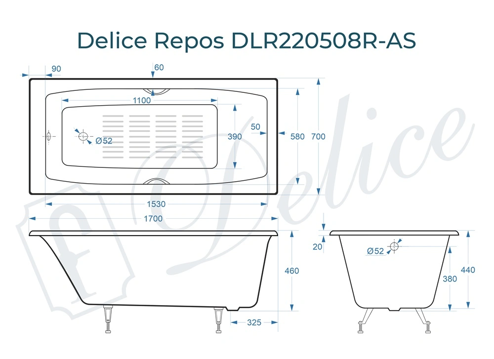 Ванна чугунная Delice Repos 170х70 DLR220508R-AS с ручками и антискользящим покрытием от магазина Vanna-Vanna.ru!