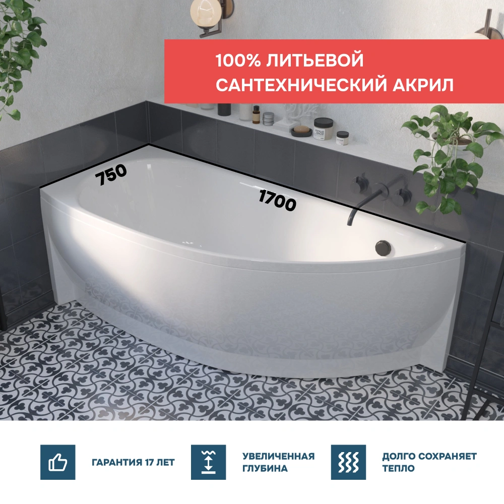 Ванна 1Marka PICCOLO 170*75 L Комплект Стандарт 2+