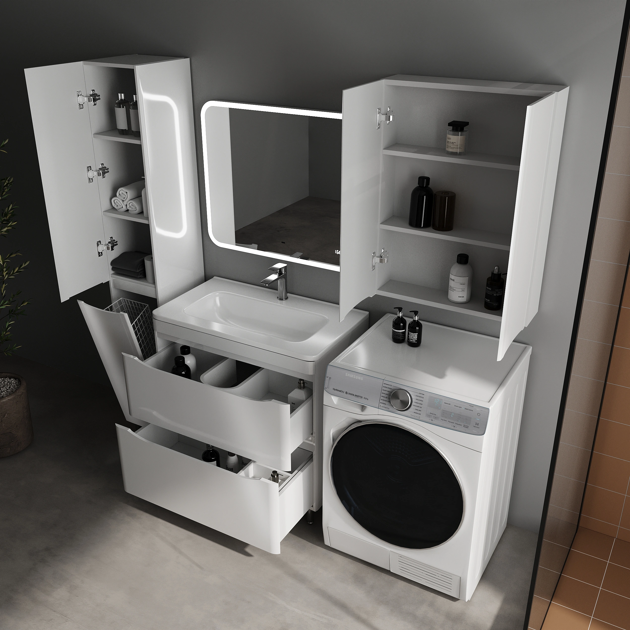 Тумба напольная Style Line Бергамо мини 80 (2 ящ.) антискрейтч белый глянец с раковиной Каре Люкс МИНИ 800х350 от магазина Vanna-Vanna.ru!