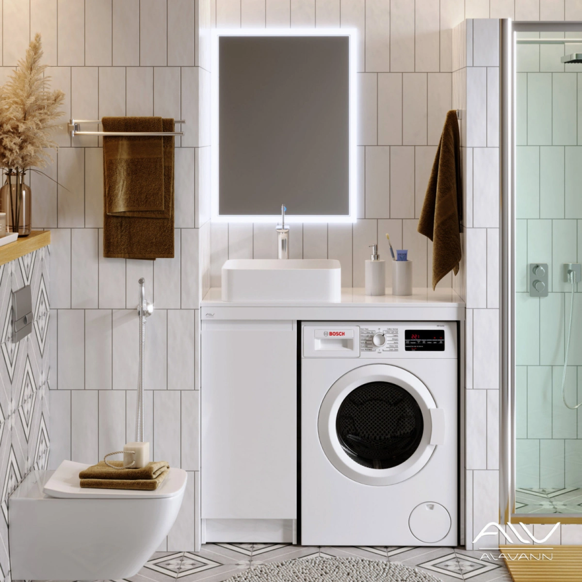Тумба 36 со столешницей Мдф Alavann Soft 100 и раковиной Купер 56, L левая, под стиральную машину, белая от магазина Vanna-Vanna.ru!