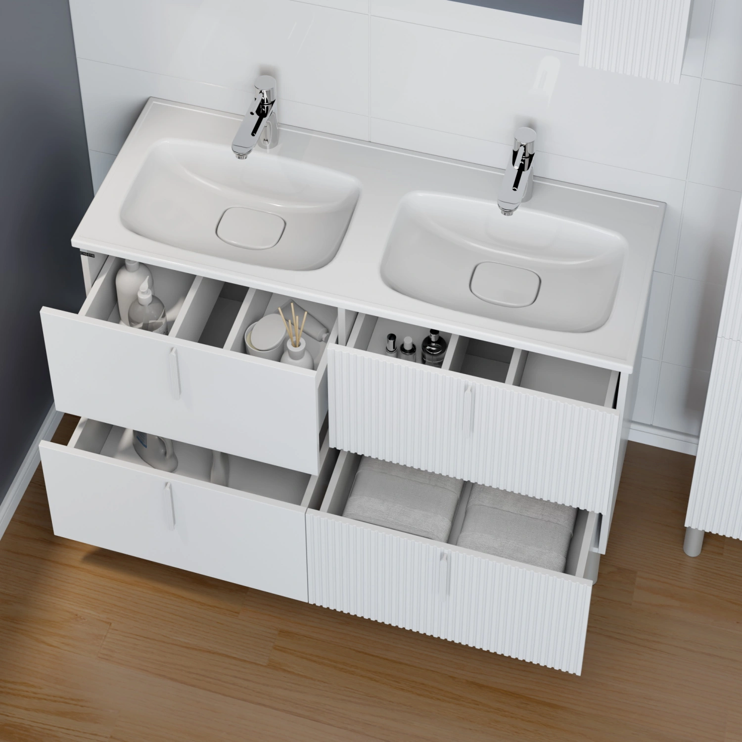 Тумба напольная Санта Вега 120 с двойной раковиной Венера 120, 4 ящика, белый от магазина Vanna-Vanna.ru!