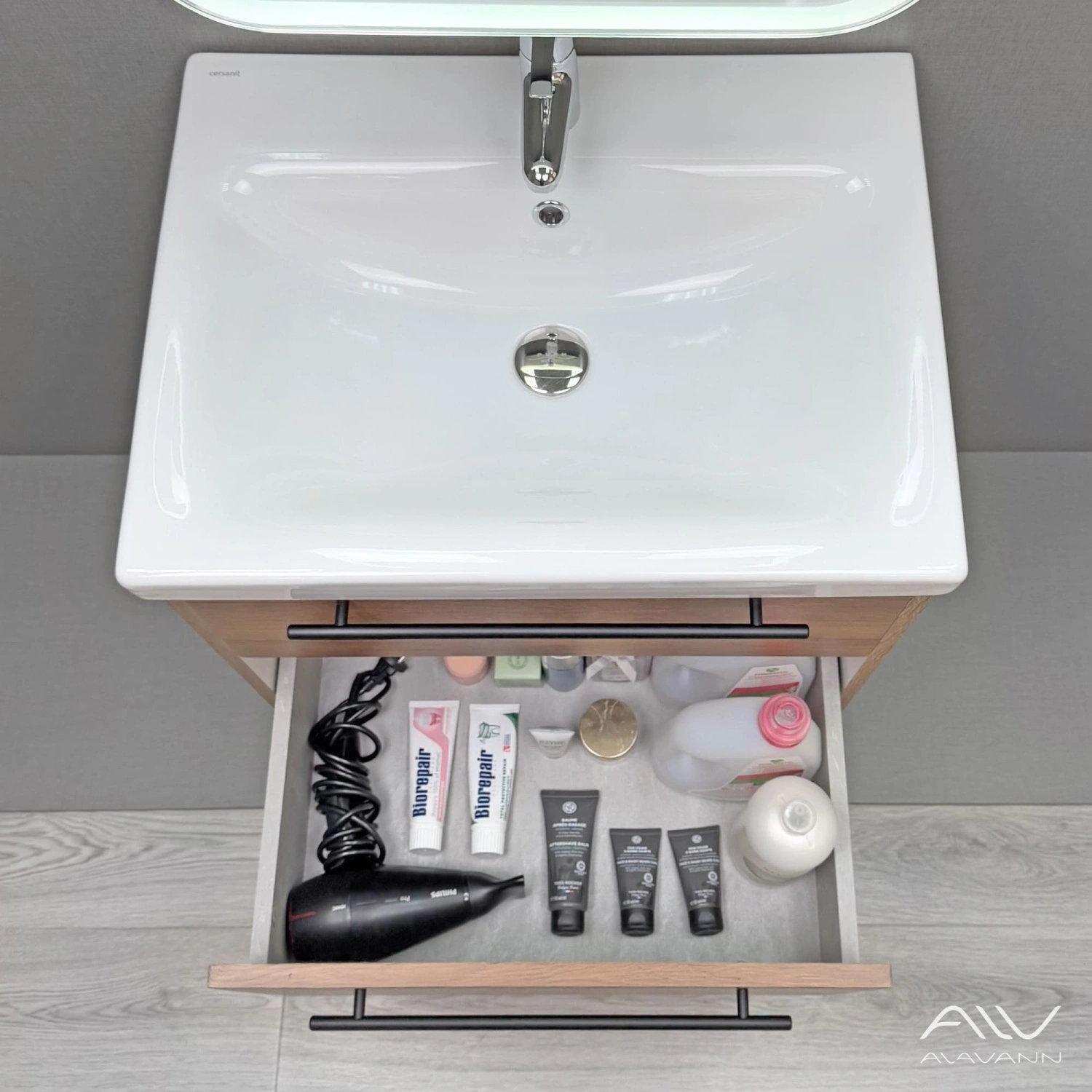 Тумба подвесная Alavann Rondo 60 с раковиной Moduo 60, дуб от магазина Vanna-Vanna.ru!