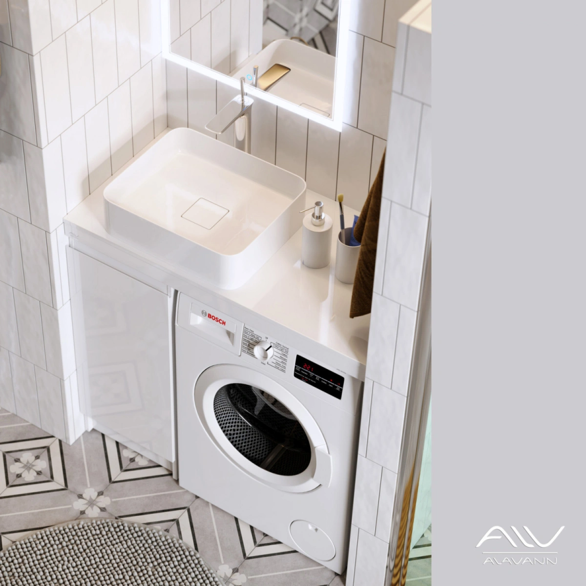 Тумба 36 со столешницей Мдф Alavann Soft 100 и раковиной Купер 56, L левая, под стиральную машину, белая от магазина Vanna-Vanna.ru!