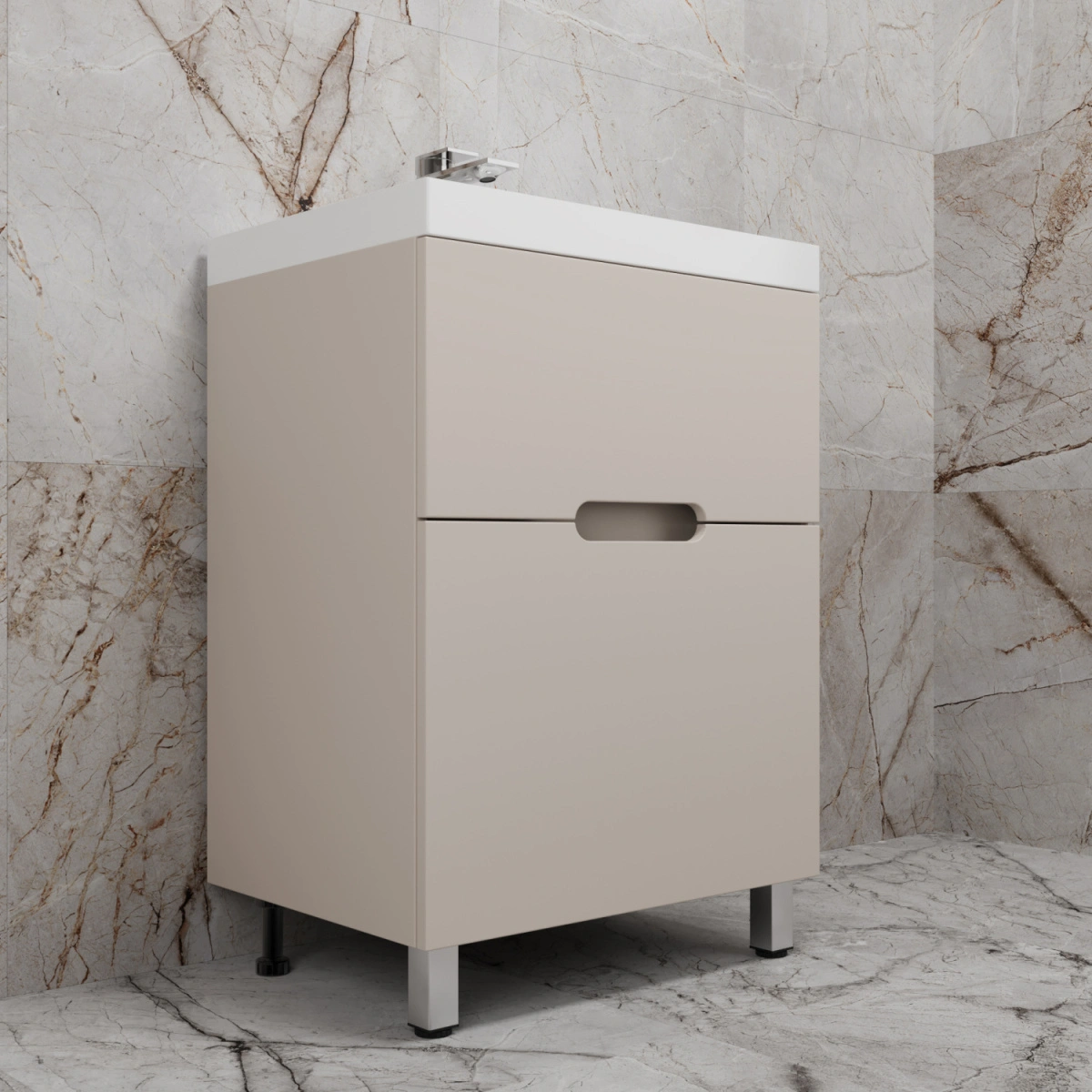 Тумба напольная Style Line "Матис 60" с раковиной ASTI 60 белый, (2 ящика), Крем от магазина Vanna-Vanna.ru!