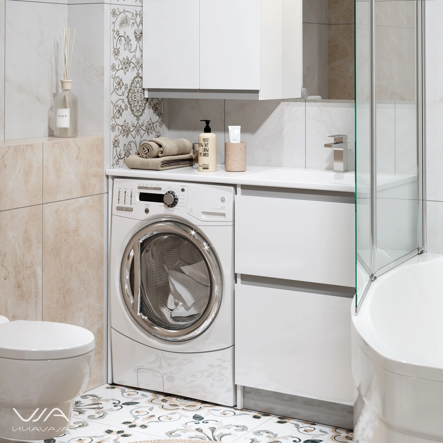 Тумба Alavann Soft Silver 53 с раковиной под стиральную машину Даллас 120 R, белая от магазина Vanna-Vanna.ru!