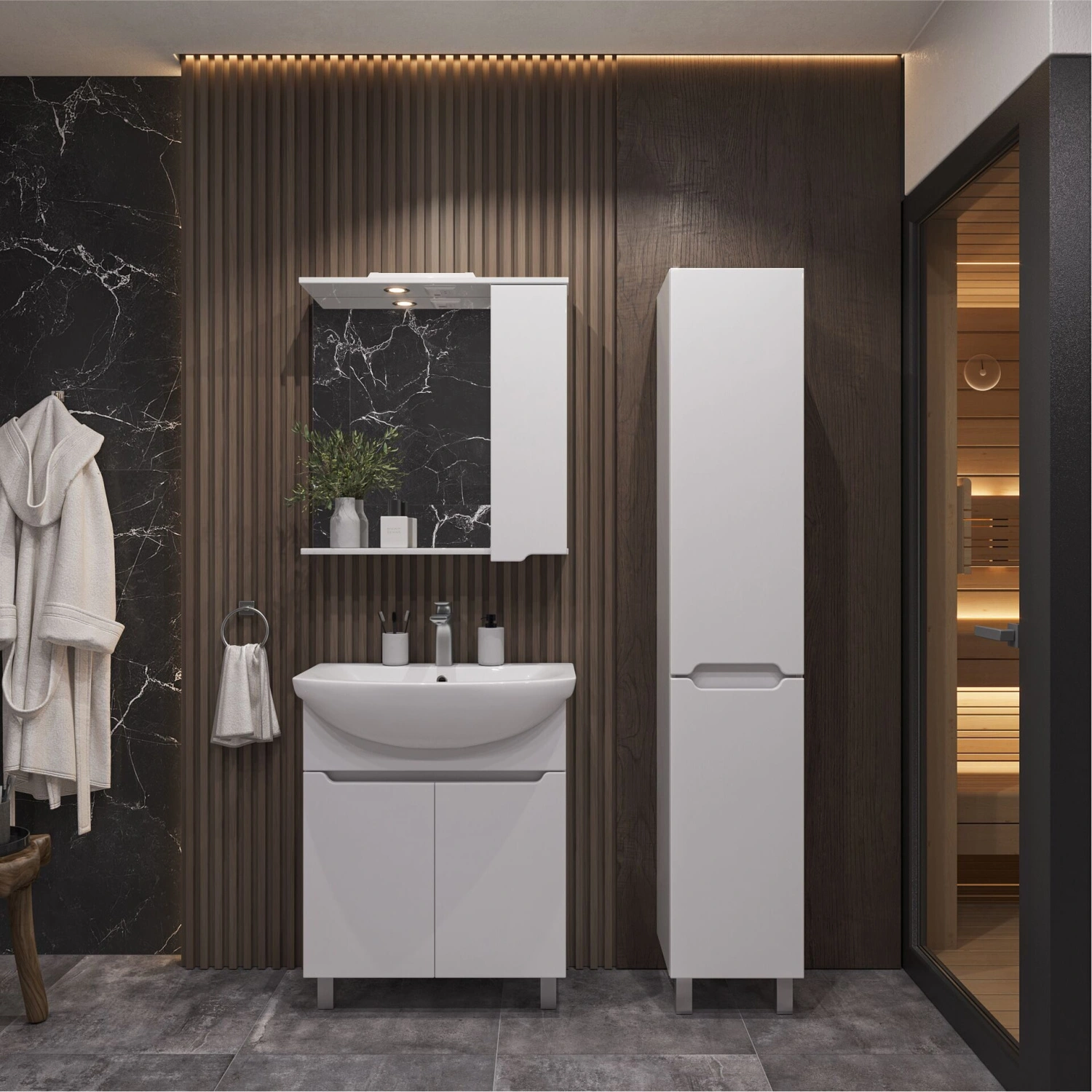 Тумба напольная SanStar Лайн 70 с раковиной Балтика 70, белая от магазина Vanna-Vanna.ru!