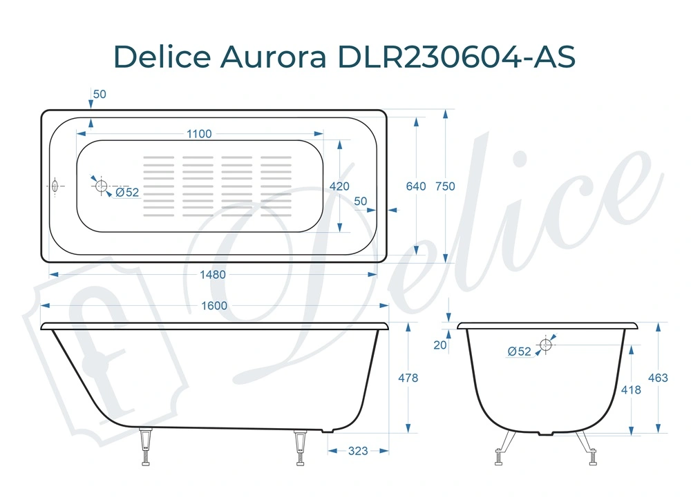 Ванна чугунная Delice Aurora 160х75 DLR230604-AS с антискользящим покрытием от магазина Vanna-Vanna.ru!